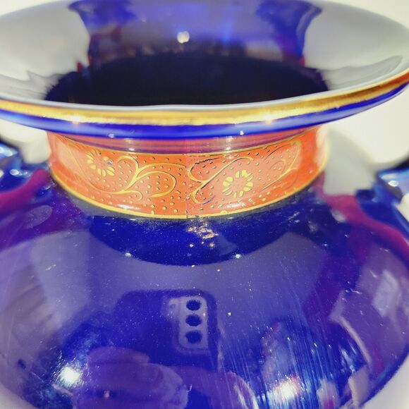 Vase Japanese Cobalt Blue 8.5" Handles Vintage Vtg Porcelain Peacock Bird Nature - Picture 4 of 14